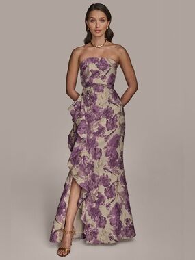 Donna Karan New York Floral Brocade Strapless Ruffle Gown Purple  Size 14 NWT
